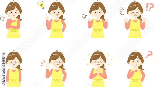 Variation set of young woman wearing yellow apron