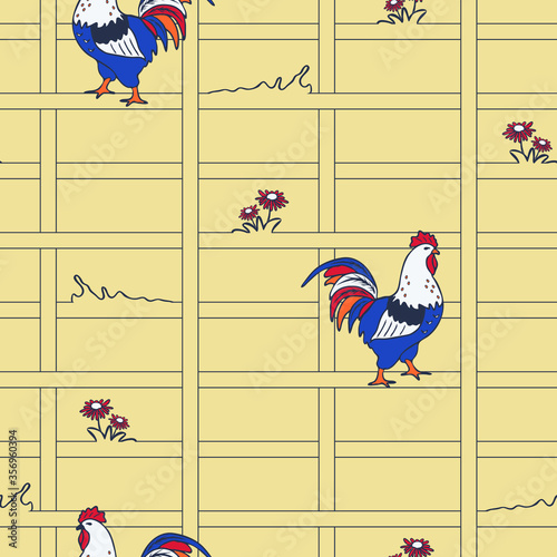 Seamless vector pattern with cock and squares on light pink background. Beautiful farm house wallpaper design with rooster bird. Simple kitchen fashion fabric.