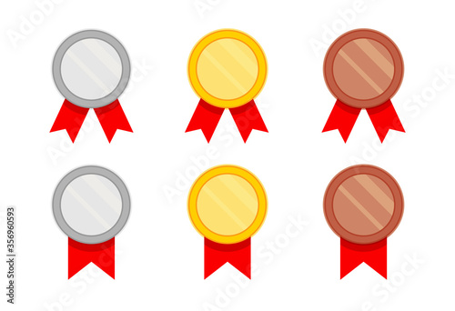 Set of medals with red ribbon in a flat style. Silver, gold and bronze medal icon. Vector illustration of trophy isolated on white background.