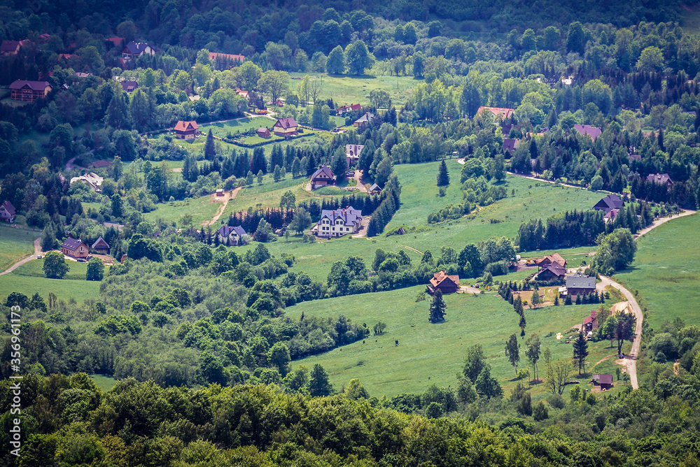 Aerial view from Wetlina Polonyna montane meadow in Bieszczady Mountains, Poland