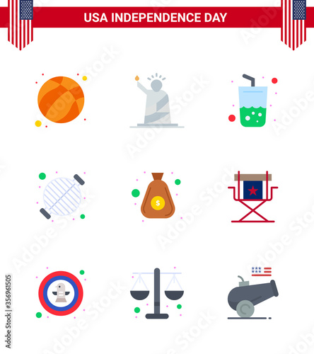 Modern Set of 9 Flats and symbols on USA Independence Day such as party; bbq; usa; barbecue; cola