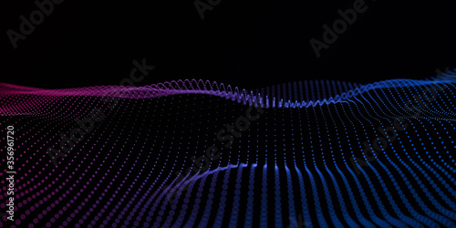 Abstract technology particles mesh concept. Trendy fluid cover design. 3D rendering, science background of flowing particles with depth of field and bokeh. Particles form line and surface grid.