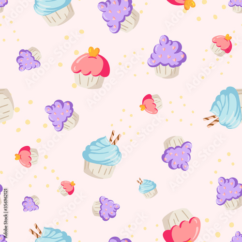 Vector Sweet Pastel Cupcakes Hand drawn seamless pattern
