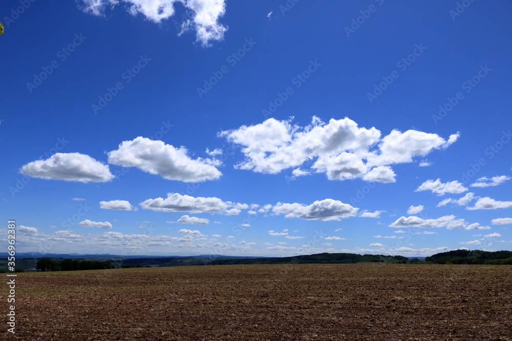 Plowed or Ploughed Field in Countryside and Blue Sky with Clouds over Horizon