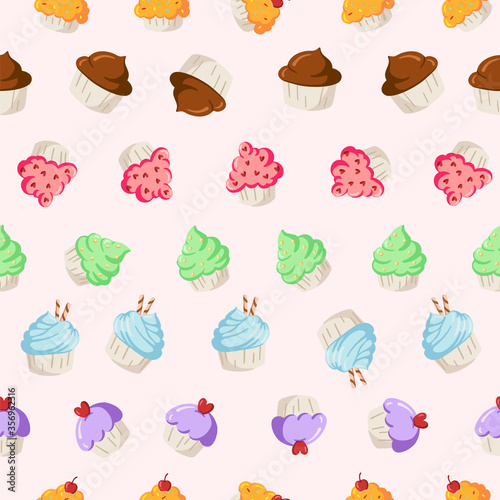 Vector Cute Colorful Cupcakes Hand drawn seamless pattern