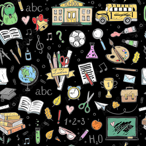 School seamless pattern. Vector learning background. Hand drawn back to school educational repeat paper