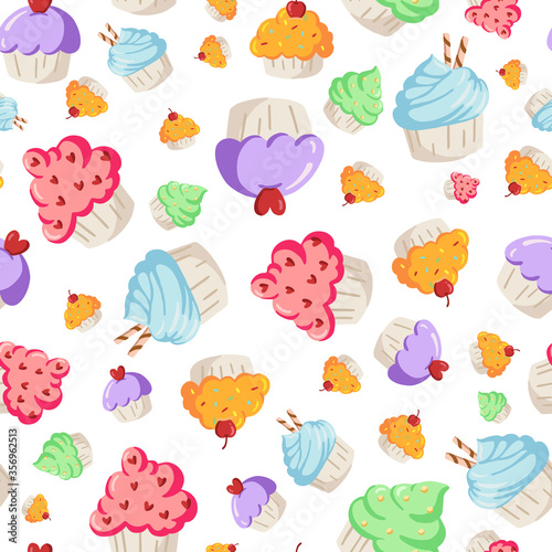 Vector Hand drawn Colorful Cupcakes seamless pattern