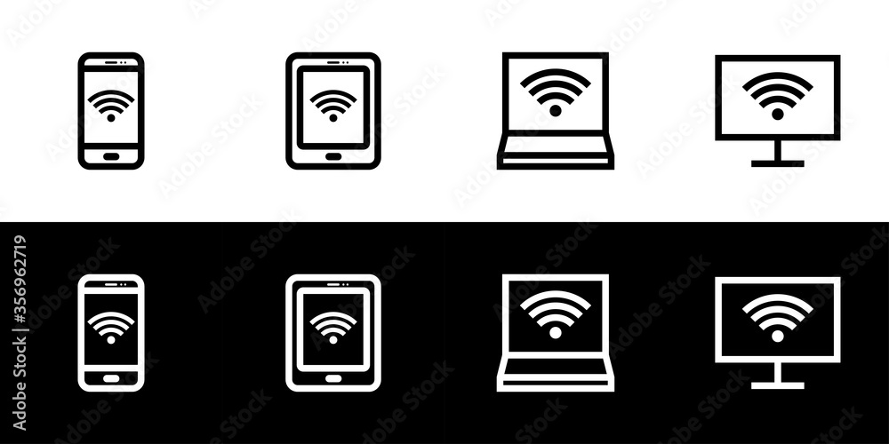 Device connected to wifi icon set. Flat design icon collection isolated on black and white background. Smartphone, tablet, laptop, and computer. Device connected to wifi icon set. Flat design icon collection isolated on black and white background. Smartphone, tablet, laptop, and computer.