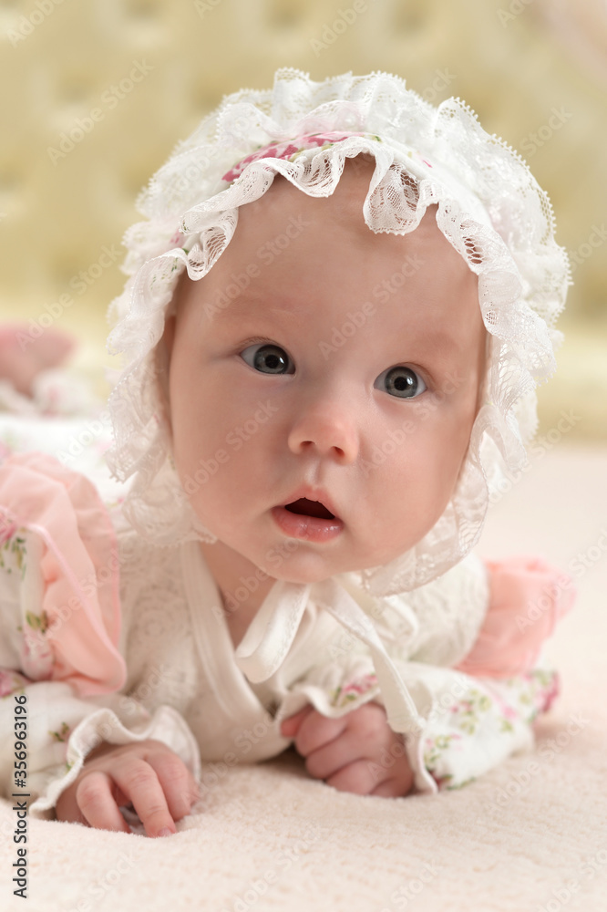 Portrait of cute little baby girl on bed Portrait of cute little baby girl on bed
