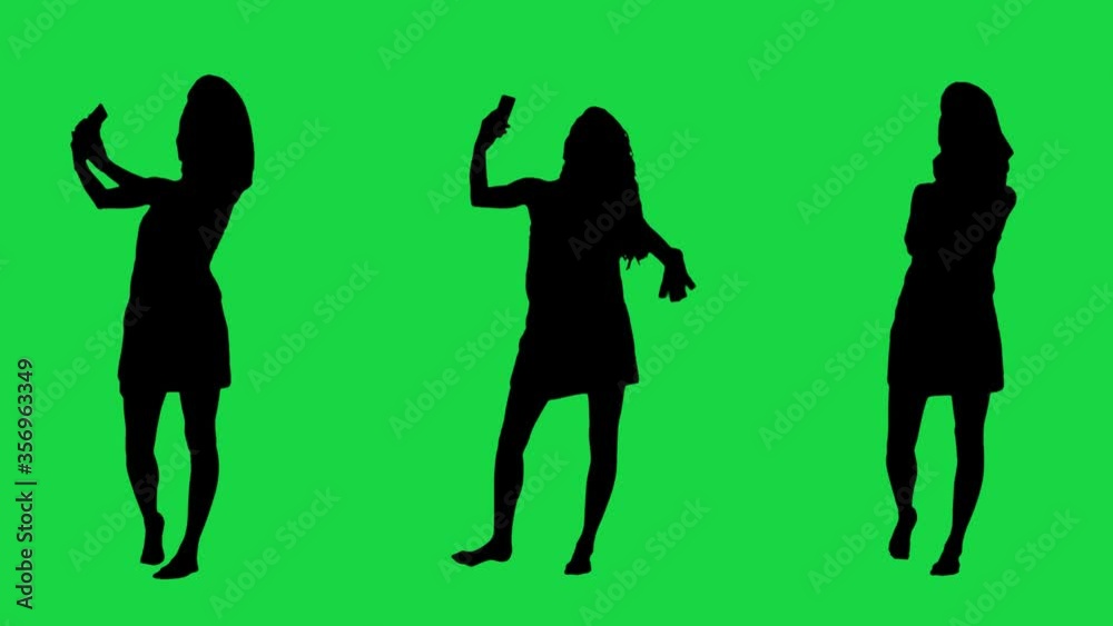 Set of young woman silhouettes taking selfie photos with cell phones in bath towel. Full body pre keyed on green screen background. Set of young woman silhouettes taking selfie photos with cell phones in bath towel. Full body pre keyed on green screen background.