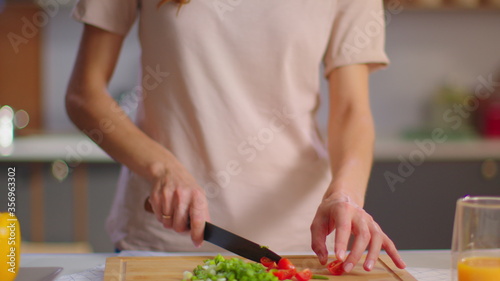 Woman chopping vegetables on kitchen. Housewife preparing salad for dinner