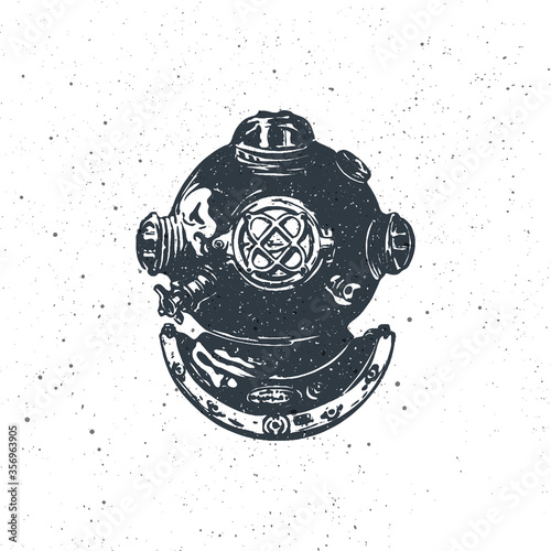 Vintage diver helmet. Ink stamp style. Element for emblem, logo, label or t-shirt design. Vector illustration on crumpled paper texture background.