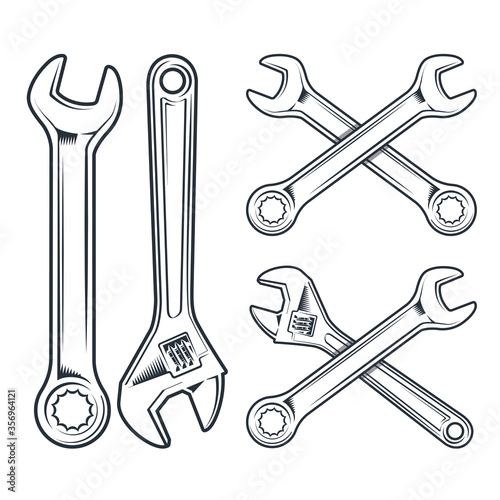 Wrench and adjustable wrench. Repair tools icon isolated on white background.
