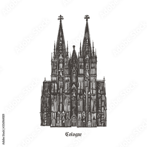 Cologne Cathedral (Kölner Dom). Roman Catholic cathedral in Cologne, Germany. Monument of German Catholicism and Gothic architecture. Vector hand drawn illustration isolated on white background.