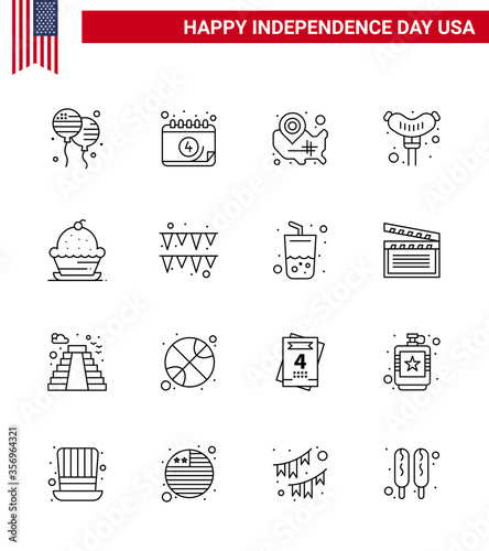 16 USA Line Signs Independence Day Celebration Symbols of dessert; sausage; map; frankfurter; location pin photo