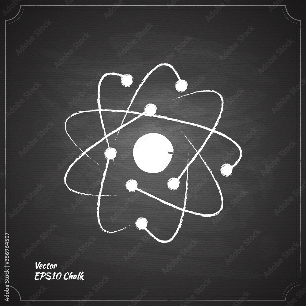 Atom model. Structure of the atom icon. Chalk painted vector illustration on black chalkboard