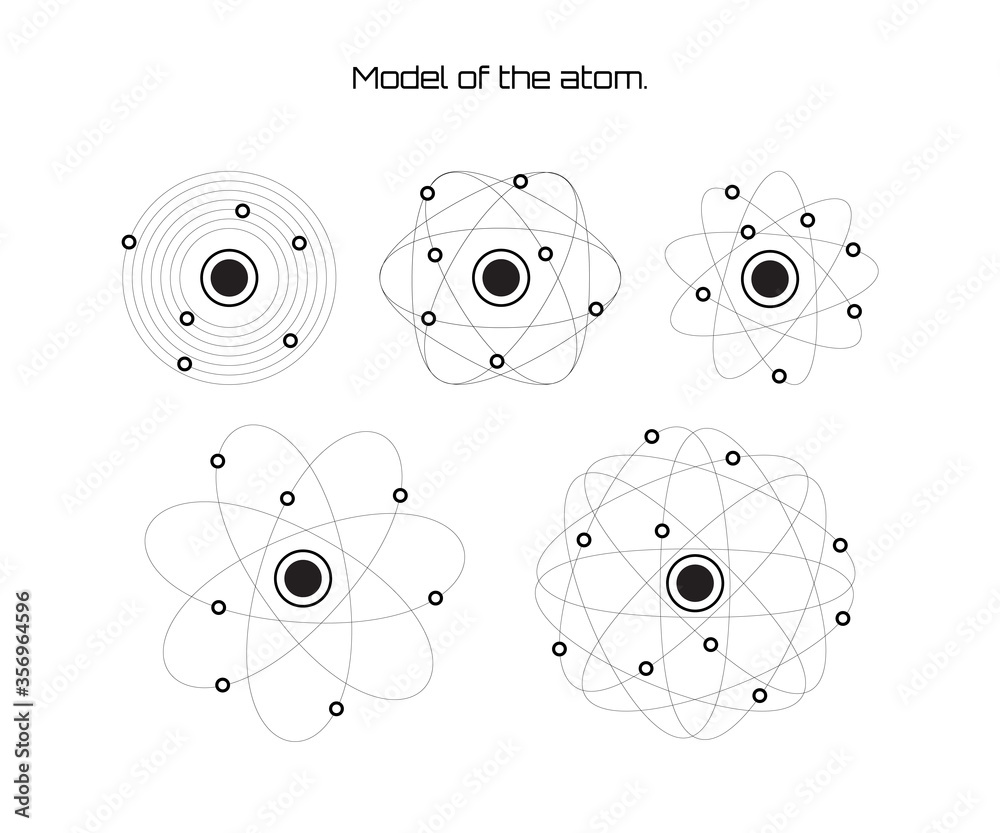 Atom model collection. Structure of the atom icon set. Outline vector ...