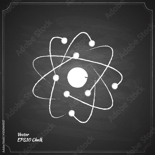 Atom model. Structure of the atom icon. Chalk painted vector illustration on black chalkboard background.