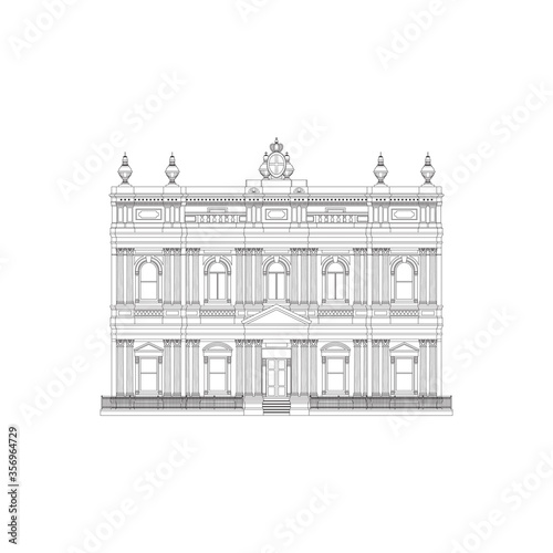 Historical building facade highly detailed outline. Vector isolated on white background.