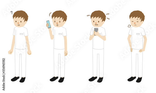 Illustration set of 4 poses of a male medical worker (physiotherapist) standing