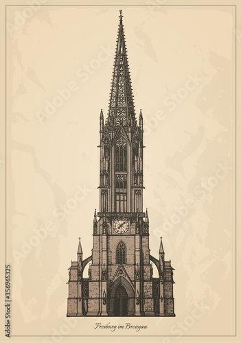 Freiburg Minster (Freiburger Munster) - cathedral of Freiburg im Breisgau, southwest Germany - middle age gothic architecture style christian church - vintage vector illustration