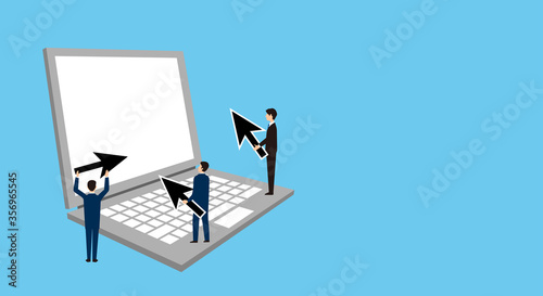ノートパソコン、カーソルを持った男性の集団のイラスト、集客イメージ、コピースペース
