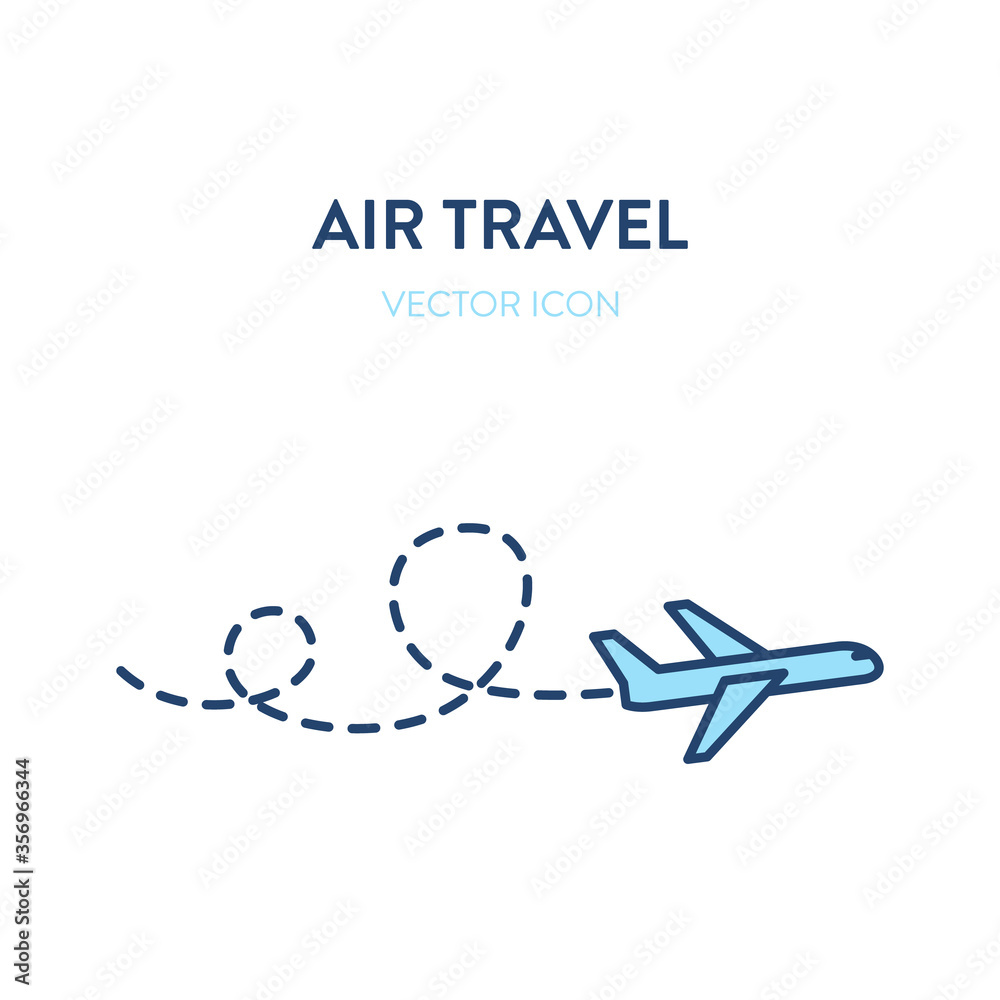 Flight icon. Vector flat outline illustration of a flying plane followed by a dotted line trace. Represents a concept of international flights, air travel, commercial flight, business trip Flight icon. Vector flat outline illustration of a flying plane followed by a dotted line trace. Represents a concept of international flights, air travel, commercial flight, business trip