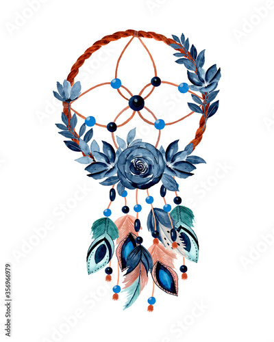 watercolor dream catcher with blue flower