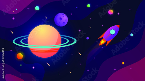 Outer space with planets, stars, comets and flying rocket.