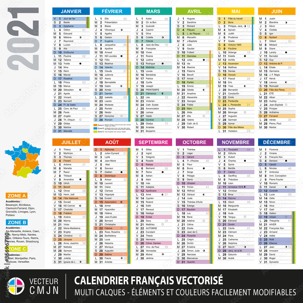 Calendrier français 2021 avec vacances scolaires, noms des saints du
