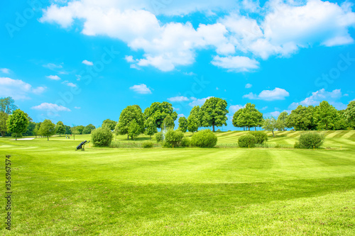 Fototapeta Naklejka Na Ścianę i Meble -  Green field fresh grass blue sky Golf course