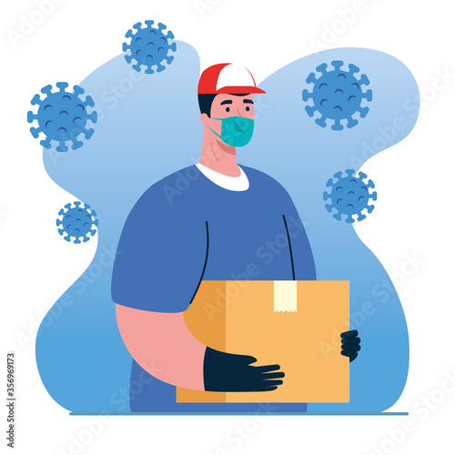 safe delivery, courier worker using face mask vector illustration design