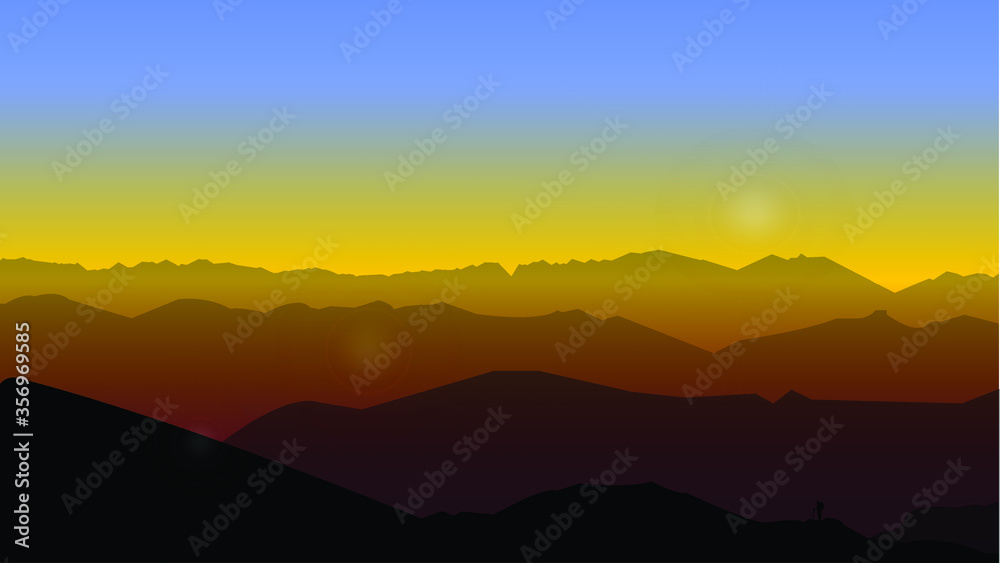 Vector illustration of shilouetted man standing on a mountain's peak