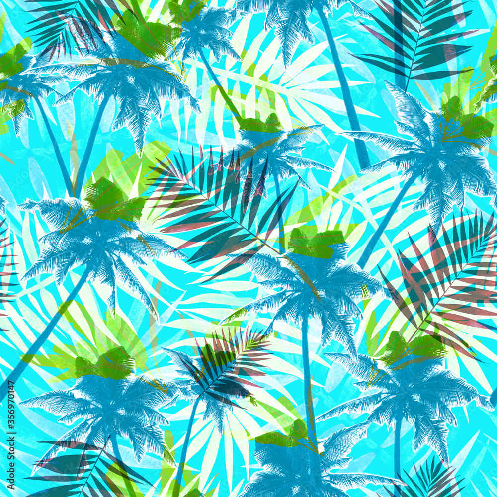 coconut palm trees seamless tropical pattern on a blue background with ...