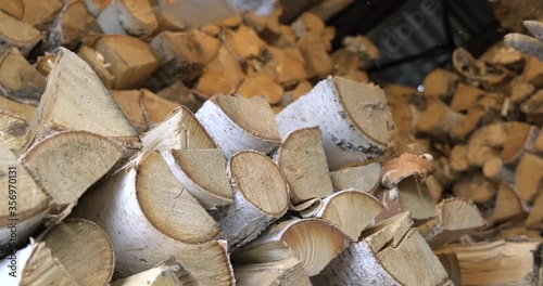 Close-up of Birch Firewood Village Warehouse. Girl in Working Gloves Replenishes Stock of Firewood for Winter. She chopped wood. Carries Logs in Woodpile. Big Shed. Wood Fuel Storage. Country life