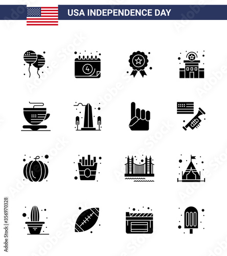 Group of 16 Solid Glyphs Set for Independence day of United States of America such as cup; police sign; holiday; station; building photo