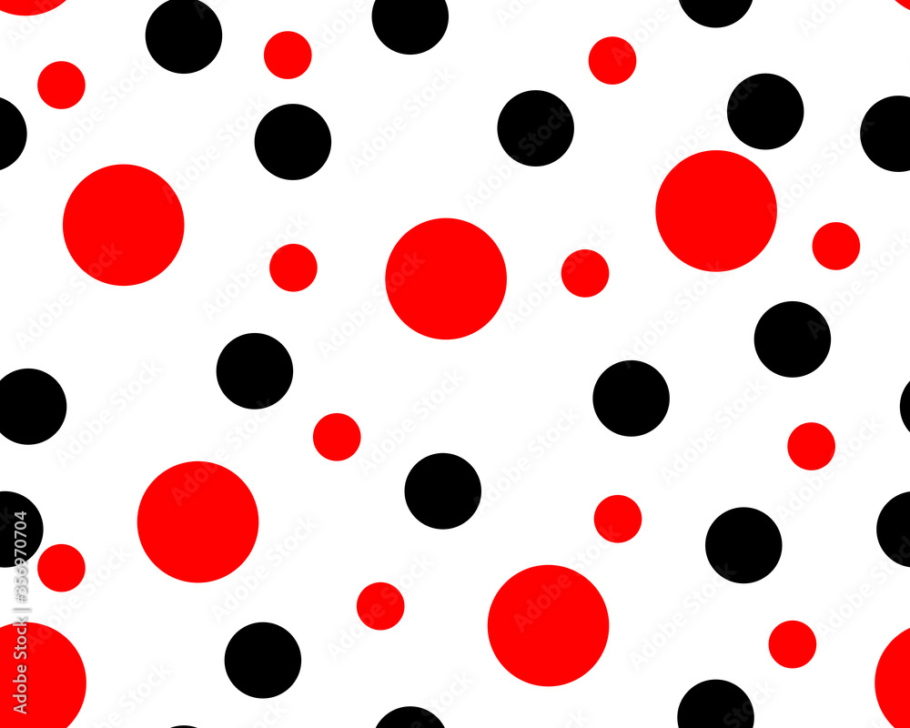 red dots, black dots seamless pattern, ladybird bug polka dot print for textile, fashion, scrapbook paper, wallpaper. Black circles on bright red as beetle spots decoration. Vector