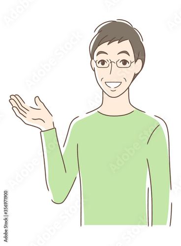 笑顔で手のひらを差し出す男性