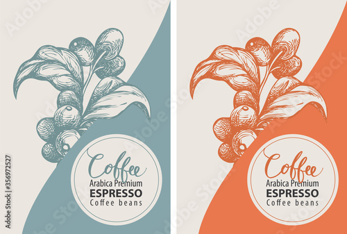 Coffee labels in retro style. Set of two vector labels for coffee beans with hand-drawn coffee twigs, coffee beans and the inscriptions Arabica premium, Espresso