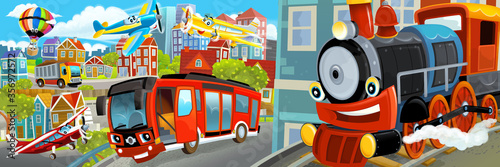 cartoon happy and funny scene of the middle of a city with cars and train