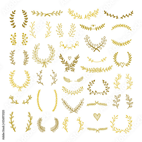 Floral wreath vector set. Botanical frame hand drawn clipart collection. Golden wreaths isolated on white background