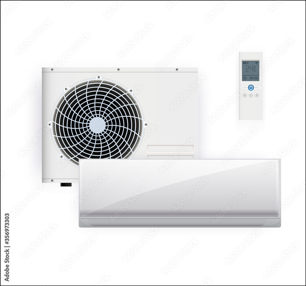 Split system air conditioner inverter. Cool and cold climate control system. Realistic conditioning with remote controller. Vector illustration Split system air conditioner inverter. Cool and cold climate control system. Realistic conditioning with remote controller. Vector illustration