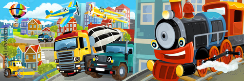 cartoon happy and funny scene of the middle of a city with dumper and train locomotive