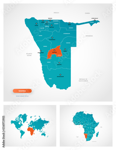 Editable template of map of Namibia with marks. Namibia on world map and on Africa map.