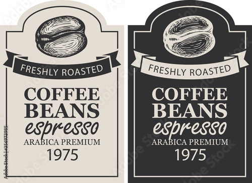 Coffee labels in retro style. Set of two vector labels for freshly roasted coffee beans with hand-drawn coffee beans, ribbons and inscription Espresso in figured frames.