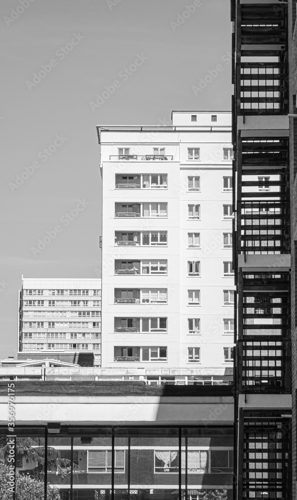 Fototapeta premium Urban White Buildings Black and white picture of 2 stacked buildings.