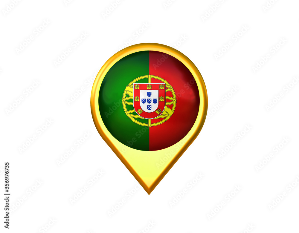 Portugal flag location marker icon. Isolated on white background. 3D illustration, 3D rendering Portugal flag location marker icon. Isolated on white background. 3D illustration, 3D rendering
