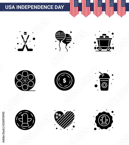 9 USA Solid Glyph Signs Independence Day Celebration Symbols of maony; american; cart; american; play photo