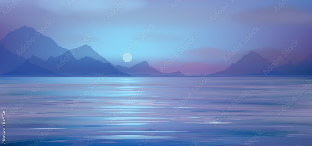 Vector blue sea scene with mountains  background.