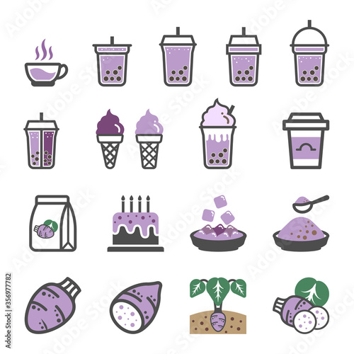 Taro icon set, Pearl milk tea, Bubble Milk Tea icons set.